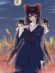 Rule 34 | 1girl, :3, alternate costume, animal, animal ears, animal on shoulder, ayuko ammobium, banken (inui toko), blue dress, blue sailor collar, blurry, blurry background, brown hair, closed mouth, commentary request, cowboy shot, dog ears, double-parted bangs, dress, flower, full moon, hair flower, hair ornament, hairpin, hand on own chest, hand up, heterochromia, highres, inui toko, light blush, long hair, long sleeves, moon, nail polish, night, night sky, nijisanji, pleated dress, red eyes, red flower, red nails, red ribbon, ribbon, sailor collar, shirt, sky, smile, spider lily, very long hair, virtual youtuber, white shirt, yellow eyes