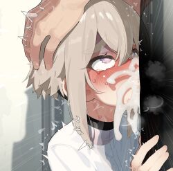 1boy 1girl absurdres ahegao brown_hair commentary_request cum cum_in_mouth cum_overflow deepthroat fellatio hands_on_another&#039;s_head heart heart-shaped_pupils highres irrumatio kimi_no_koto_ga_dai_dai_dai_dai_daisuki_na_100-nin_no_kanojo mizumizuni oral penis purple_eyes shirt solo_focus sutou_iku sweat symbol-shaped_pupils tears upper_body white_shirt