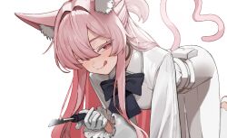 1girl akira_(blue_archive) all_fours animal_ear_fluff animal_ears anyak05 bad_tag black_bow blue_archive blush bow cat_ears cat_girl cat_tail hair_between_eyes half_updo highres holding licking_lips lock long_hair looking_at_viewer pants pink_hair red_eyes shirt shoes solo tail tongue tongue_out white_pants white_shirt white_shoes