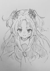 Rule 34 | 1girl, :i, ballpoint pen (medium), blush, commentary request, flower, greyscale, hatching (texture), highres, linear hatching, link! like! love live!, long hair, looking at viewer, love live!, monochrome, nekofumiman, osawa rurino, parted bangs, pen (medium), pink flower, pout, simple background, solo, split mouth, traditional media, twintails, v-shaped eyebrows, virtual youtuber, white background