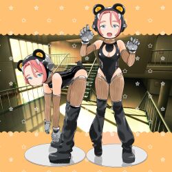 1girl 3d_background absurdres animal_ear_headphones animal_ears bare_shoulders bear_ears bear_tail black_leotard black_thighhighs blue_eyes blush breasts cleavage detached_sleeves dot_nose fake_animal_ears figure figure_stand from_side full_body gloves headphones highleg highleg_leotard highres leaning_forward leotard looking_at_viewer medium_breasts metal_gloves multiple_views nagomurasan open_mouth original puffy_thighhighs red_hair short_hair skin_tight standing tail teeth thighhighs upper_teeth_only