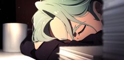 1boy black_shirt blurry blurry_foreground challia_bull choco_(chocovix112) closed_eyes commentary_request cup depth_of_field grey_hair gundam gundam_gquuuuuux highres long_sleeves male_focus mug paper_stack shirt solo thick_eyebrows
