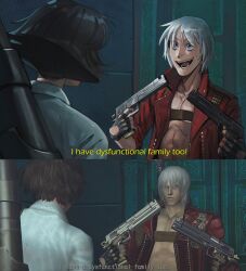 1boy 1girl absurdres black_hair blue_eyes coat dante_(devil_may_cry) devil_may_cry devil_may_cry_(series) devil_may_cry_3 ebony_&amp;_ivory game_screenshot_inset gun highres holding holding_gun holding_weapon kalina_ann_(weapon) lady_(devil_may_cry) niriatsu open_mouth red_coat reference_inset shirt smile weapon white_hair white_shirt