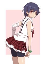 1girl :o absurdres bandaged_arm bandages bike_shorts black_hair bracelet brown_eyes collared_shirt commentary_request cowboy_shot from_side hair_between_eyes highres jewelry kanbaru_suruga layered_skirt looking_at_viewer looking_back manimani_(mani_ma) miniskirt monogatari_(series) open_mouth pink_background plaid_clothes plaid_skirt pleated_skirt shirt short_hair shorts shorts_under_skirt skirt solo standing white_shirt