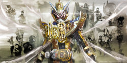 Rule 34 | absurdres, alternate costume, arm up, armor, aura, belt, black armor, black footwear, black gloves, bodysuit, clenched hand, clock, clock hands, commentary request, compound eyes, cowboy shot, rider belt, future, gloves, glowing, glowing eyes, gold armor, gold trim, grand zi-o rider watch, helmet, highres, horns, imminent fight, kamen rider, kamen rider 555, kamen rider agito, kamen rider agito (series), kamen rider blade, kamen rider blade (series), kamen rider build, kamen rider build (series), kamen rider dcd, kamen rider decade, kamen rider den-o, kamen rider den-o (series), kamen rider double, kamen rider drive, kamen rider drive (series), kamen rider ex-aid, kamen rider ex-aid (series), kamen rider faiz, kamen rider fourze, kamen rider fourze (series), kamen rider gaim, kamen rider gaim (series), kamen rider ghost, kamen rider ghost (series), kamen rider grand zi-o, kamen rider hibiki, kamen rider hibiki (series), kamen rider kabuto, kamen rider kabuto (series), kamen rider kiva, kamen rider kiva (series), kamen rider kuuga, kamen rider kuuga (series), kamen rider ooo, kamen rider ooo (series), kamen rider ryuki, kamen rider ryuki (series), kamen rider w, kamen rider wizard, kamen rider wizard (series), kamen rider zi-o, kamen rider zi-o (series), katakana, loincloth, long coat, male focus, multiple boys, official alternate costume, open hand, ouma zi-o, pink eyes, powering up, red eyes, rider belt, rider watch, shoulder armor, single horn, sky, spotlight, standing, tokusatsu, vest, waistcoat, weapon, yygnzm, ziku driver