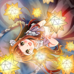 Rule 34 | 1girl, :d, bed sheet, blush, brown eyes, brown hair, commentary request, dress, dutch angle, frilled dress, frilled pillow, frills, highres, ichihara nina, idolmaster, idolmaster cinderella girls, idolmaster cinderella girls starlight stage, long hair, lying, on back, open mouth, own hands together, pillow, purple dress, rino cnc, short sleeves, smile, solo