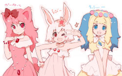 Rule 34 | 3girls, akata itsuki, blonde hair, blue eyes, blush, character name, garnet (jewelpet), jewelpet (series), jewelpet kira deco!, long hair, looking at viewer, multiple girls, one eye closed, open mouth, personification, pink hair, red eyes, ruby (jewelpet), sapphie (jewelpet), short hair, simple background, smile, star (symbol), white background, wink