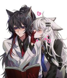 2girls animal_ear_piercing animal_ears ara_200117 arknights black_hair black_jacket black_shirt blazer blue_eyes blush bolo_tie book closed_eyes closed_mouth commentary_request covering_another&#039;s_mouth gloves hair_between_eyes hair_ornament hairclip heart holding holding_book jacket kiss kissing_hand korean_commentary lappland_(arknights) long_hair long_sleeves multicolored_eyes multiple_girls necktie open_book orange_eyes profile reading red_gloves red_necktie shirt simple_background sweatdrop texas_(arknights) two-tone_eyes white_background white_hair white_jacket wolf_ears wolf_girl yuri