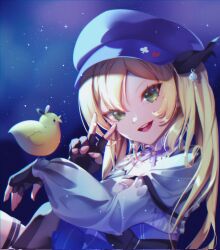 Rule 34 | 1girl, black gloves, blonde hair, blue background, blue dress, blue hat, blue theme, cropped jacket, dokibird (vtuber), dokibird (vtuber) (retro doki), dragoon (dokibird), dress, fingerless gloves, from side, gloves, green eyes, grey jacket, hat, highres, indie virtual youtuber, jacket, long hair, long sleeves, looking at viewer, open mouth, smile, star (symbol), star symbol background, sygnallost, teeth, twintails, upper body, upper teeth only, v, virtual youtuber