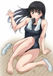 1girl amagami arm_support ayatsuji_tsukasa black_eyes black_hair book breasts commentary commentary_request full_body highres jishaku_(user_rcuz2843) long_hair looking_at_viewer school_swimsuit shoes solo straight_hair swimsuit toes towel towel_around_neck uwabaki wet white_shoes wooden_floor