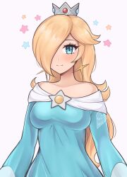Rule 34 | 1girl, artist name, blonde hair, blue dress, blue eyes, blush, breasts, commentary, crown, dress, earrings, english commentary, hair over one eye, highres, jewelry, long hair, looking at viewer, luci (purrlucii), mario (series), nintendo, rosalina, silver crown, smile, solo, star (symbol), star earrings, super mario galaxy