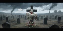 1boy 1other absurdres blood boots brown_boots brown_gloves carrying carrying_person charon_(reverse:1999) coat corpse covered_face cross death facing_viewer flower gloves grave graveyard grey_coat grey_sky highres luoyi_(user_xatj3328) outdoors overcast poppy_(flower) princess_carry red_flower reverse:1999 scenery sky smoke standing tombstone under_covers veil white_flower white_gloves white_veil wide_shot yellow_flower