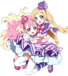 2girls :d absurdres arched_crown blonde_hair blue_eyes bow bowtie braid cabbie_hat cure_friendy cure_wonderful double-parted_bangs dress frilled_wrist_cuffs frills full_body hat heart highres hiji_rida hug inukai_iroha inukai_komugi layered_dress light_blush long_hair looking_at_viewer multiple_girls open_mouth pink_bow pink_eyes pink_hair pink_shoes precure purple_bow purple_dress purple_hat shoes short_bangs short_dress short_sleeves simple_background smile squatting striped_bow thighhighs twin_braids white_background white_thighhighs wonderful_precure! wrist_cuffs zettai_ryouiki