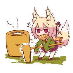 1girl anger_vein animal_ear_fluff animal_ears blonde_hair blush brown_scarf female_focus fox_ears fox_girl fox_tail fringe_trim green_shirt hair_between_eyes hair_bun hair_ornament holding holding_mallet kemomimi-chan_(naga_u) kine long_hair long_sleeves mallet mochitsuki naga_u orange_neckwear original plaid_clothes plaid_scarf pleated_skirt purple_skirt red_eyes red_footwear ribbon-trimmed_legwear ribbon_trim scarf shirt sidelocks single_hair_bun skirt sleeves_past_fingers sleeves_past_wrists solo standing tail tail_raised thighhighs trembling v-shaped_eyebrows white_background white_thighhighs