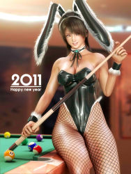 10s 1girl 2011 3d animal_ears billiards breasts brown_eyes brown_hair choker cleavage cowboy_shot cue_stick fake_animal_ears female_focus fishnet_pantyhose fishnets incise_soul indoors leotard m-rs pantyhose playboy_bunny pool_table rabbit_ears short_hair sitting smirk solo table