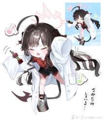 Rule 34 | 1girl, ahoge, amanatsu uni, arms up, blue archive, brown hair, chibi, closed eyes, coat, collared shirt, derivative work, eighth note, fangs, game screenshot inset, hair intakes, halo, highres, holding, horns, huge ahoge, kasumi (blue archive), long hair, musical note, open mouth, red shirt, redrawn, reference inset, screenshot redraw, shirt, simple background, sleeves past fingers, sleeves past wrists, slippers, solo, tail, v-shaped eyebrows, white background, white coat