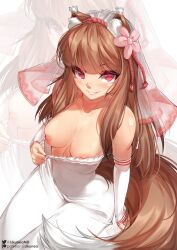 1girl animal_ears breasts brown_hair dress holo likunea long_hair medium_breasts nipples red_eyes solo spice_and_wolf tail wedding_dress white_dress wolf_ears wolf_tail