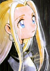 1girl black_background black_shirt blonde_hair blue_eyes commentary dragon_quest dragon_quest_builders_2 earrings female_builder_(dqb2) hair_down highres hoop_earrings jewelry long_hair looking_up mouyi parted_bangs rain sample_watermark shirt silver_earrings solo symbol-only_commentary turtleneck upper_body watermark wet wet_hair