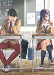 1boy 1girl asahina_hikage bag black_bag black_hair black_sweater blazer blue_bag blush brown_jacket chair classroom collared_shirt commentary_request crossed_legs desk glasses hair_between_eyes hand_on_own_face highres holding holding_pencil indoors interlocked_fingers jacket loafers long_hair necktie official_art pants pencil pleated_skirt purple_eyes red_necktie red_pants red_ribbon red_skirt ribbon saenai_boku_ga_kimi_no_heya_de_shite_iru_koto_o_kurasumeito_wa_dare_mo_shiranai school_bag school_uniform shirt shoes short_hair sitting skirt sweater takai_yumi tooyama_yuuki white_footwear white_shirt yellow_eyes