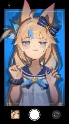 Rule 34 | 1girl, absurdres, ahoge, animal ear fluff, animal ears, black border, blonde hair, blue background, blue eyes, blue hair, blue nails, blue neckerchief, blue sailor collar, blurry, blurry edges, blush, border, bow, buttons, cat ears, collarbone, commentary, dooby (vtuber), dress, drop shadow, english commentary, fang, hair bow, half-closed eyes, hands up, highres, indie virtual youtuber, long hair, looking at viewer, low twintails, multicolored hair, nail polish, neckerchief, newbie (newbie 132), one side up, open mouth, outside border, sailor collar, sameko saba, scrunchie, skin fang, sleeveless, sleeveless dress, solo, streaked hair, sweatdrop, twintails, uneven eyes, very long hair, viewfinder, virtual youtuber, white dress, wrist scrunchie