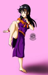 Rule 34 | 1girl, barefoot, black hair, bracelet, chi-chi (dragon ball), determined, dragon ball, dragonball z, dress, feet, fighting stance, highres, jewelry, leg up, long hair, purple dress, puyasawyer, simple background, thighs, toenails, toes, watermark