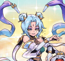 1girl bare_shoulders blush breasts detached_sleeves double_bun hair_bun large_breasts league_of_legends phantom_ix_row prestige_immortal_journey_sona short_hair smile solo sona_(league_of_legends) sparkle teeth upper_body white_hair white_sleeves yellow_background yellow_eyes