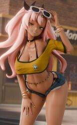 1girl 3d absurdres alternate_skin_color bikini bikini_under_clothes bikini_under_shorts blender_(medium) blurry brazilian_flag brazilian_flag_print brazilian_miku brazilian_miku_(cosplay) breasts cosplay denim denim_shorts depth_of_field dkclaude3d eyewear_on_head flag_print hair_ornament hairclip hatsune_miku highres jewelry long_hair looking_at_viewer mole mole_on_breast mole_on_thigh mole_under_eye navel nicole_demara outdoors pink_hair rectangular_earrings shirt shorts solo sunglasses swimsuit tan two_side_up vocaloid zenless_zone_zero