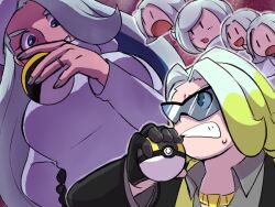Rule 34 | 2girls, 3boys, black-framed eyewear, blue-tinted eyewear, blue eyes, breasts, brother and sister, brothers, brown jacket, collared shirt, creatures (company), earrings, from below, fur collar, game freak, gloves, gordie&#039;s brothers (pokemon), gordie&#039;s sister (pokemon), gordie (pokemon), grin, hat, holding, holding poke ball, jacket, jewelry, large breasts, long hair, long sleeves, mature female, melony (pokemon), mother and daughter, mother and son, multicolored hair, multiple boys, multiple girls, necklace, nintendo, pearl earrings, poke ball, pokemon, pokemon swsh, ring, shirt, short hair, siblings, single glove, smile, streaked hair, sunglasses, sweatdrop, sweater, teeth, tinted eyewear, two-tone hair, ultra ball, upper body, ushanka, v-shaped eyebrows, wedding ring, white hat, white sweater, yuuya (hakase-luv)