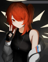 1girl absurdres arknights bare_shoulders black_gloves black_tank_top closed_mouth commentary_request exusiai_(arknights) exusiai_the_new_covenant_(arknights) gloves grey_jacket hachimin8_(shrine_kyo) hair_over_one_eye halo hand_up highres jacket jewelry long_hair long_sleeves looking_at_viewer necklace off_shoulder one_eye_covered one_side_up orange_eyes partial_commentary red_hair sleeveless smile solo tank_top traditional_halo upper_body w yellow_halo zipper