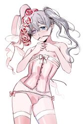 1boy absurdres bare_shoulders blue_eyes blush bow bulge ciel_phantomhive ciel_phantomhive_(robin_dress) closed_mouth corset crossdressing earrings flower grey_hair hair_between_eyes hat hat_flower head_wreath highres jewelry kuroshitsuji long_hair looking_at_viewer male_focus nipples pale_skin panties pink_flower pink_rose ribbon rose side_ponytail solo thighhighs trap underwear uneasywolf white_background