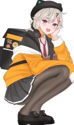 1girl animal_hat backpack bag black_bag black_hat black_pantyhose black_shoes black_skirt blazer blonde_hair blush cat_hat commentary earrings facial_mark full_body hair_ornament hairclip hand_on_own_cheek hand_on_own_face hashtag-only_commentary hat head_rest headphones headphones_around_neck highres hood hoodie jacket jewelry komori_met looking_at_viewer necktie off_shoulder open_mouth orange_eyes orange_hoodie pantyhose red_necktie shirt shoes simple_background skirt solo squatting teeth tojo_aoi upper_teeth_only virtual_youtuber vspo! white_background white_shirt