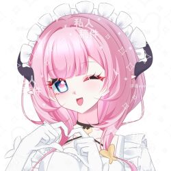 1girl ;o blue_eyes butterfly_hair_ornament chinese_commentary commentary_request elf elysia_(honkai_impact) elysia_(miss_pink)_(honkai_impact) elysia_(miss_pink_elf)_(honkai_impact) fake_horns four-finger_heart_hands gloves hair_ornament heart heart_hands highres honkai_(series) honkai_impact_3rd horns long_hair looking_at_viewer maid maid_headdress official_alternate_costume one_eye_closed pink_hair pointy_ears simple_background solo upper_body wei_w white_background white_gloves