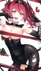 1girl absurdres armpits bare_shoulders blush breasts censored demon_girl demon_tail elbow_gloves gloves heart heart-shaped_pupils highres jewelry looking_at_viewer navel original piercing pubic_tattoo reizouko solo symbol-shaped_pupils tail tattoo thighs tongue_piercing