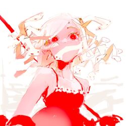 Rule 34 | 1girl, albino, bare shoulders, breasts, collarbone, commentary, dress, english commentary, god nadeko, highres, living hair, long hair, looking at viewer, monogatari (series), otorimonogatari, red dress, red eyes, sengoku nadeko, simple background, sleeveless, small breasts, snake, snake hair, solo, synibread, unfinished, upper body, white background, white hair, white snake