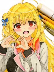 Rule 34 | 1girl, :d, ahoge, art tools in frame, blonde hair, blue bow, bow, bowtie, center frills, commentary request, double bun, erika akai, eyes visible through hair, frilled shirt, frills, hair between eyes, hair bow, hair bun, hair intakes, hamidashi creative, hands up, happy, heart, heart hands, highres, huge bow, izumi hiyori, long hair, long sleeves, looking at viewer, open mouth, photo (medium), red bow, red bowtie, red eyes, school uniform, shirt, sidelocks, simple background, smile, solo, traditional media, two side up, upper body, very long hair, white background, white shirt