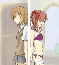 Rule 34 | 2girls, back-to-back, bandaged chest, bandaged leg, bandages, bare arms, bare shoulders, bathroom, bow, bra, breasts, brown eyes, brown hair, brown sweater, brown sweater vest, brown vest, closed mouth, collared shirt, commentary request, cowboy shot, door, emblem, from side, grey skirt, hair between eyes, hair bow, indoors, injury, long hair, medium hair, miniskirt, mirror, misaka mikoto, multiple girls, navel, negiko123123, nervous smile, open mouth, panties, partial commentary, pleated skirt, purple bra, purple panties, red bow, scene reference, school emblem, school uniform, shirai kuroko, shirt, short sleeves, sideways mouth, skirt, small breasts, smile, standing, stomach, summer uniform, sweatdrop, sweater, sweater vest, teeth, toaru majutsu no index, toaru majutsu no index: old testament, tokiwadai school uniform, twintails, underwear, underwear only, upper teeth only, v-neck, vest
