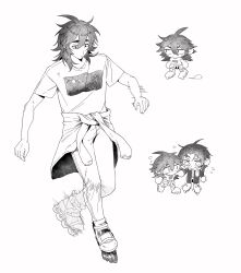 Rule 34 | 2boys, absurdres, alternate costume, chibi, chinese commentary, closed mouth, clothes around waist, coat, commentary request, flying sweatdrops, full body, greyscale, hair between eyes, harada minoru, highres, holding hands, isoi reiji, jacket, jacket around waist, long sleeves, male focus, medium hair, monochrome, mrkkaochang, multiple boys, multiple views, open clothes, open coat, pants, print shirt, puff of air, roller skates, saibou shinkyoku, sanpaku, scarf, shirt, short sleeves, skates, skating, t-shirt, thick eyebrows, trembling