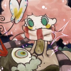 Rule 34 | 10s, 1boy, 1girl, black background, butterfly hair ornament, crown, dress, gekidan inu curry (style), green eyes, hair ornament, hetero, long sleeves, looking at another, pink hair, sakamoto maaya, sat-c, scarf, simple background, sleeves past wrists, smile, sparkle, universe (pv), universe (sakamoto maaya)