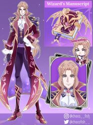 1boy armor ascot bad_id bad_twitter_id black_gloves black_pants blonde_hair blue_eyes book boots cheekbones chibi chocofish clenched_hand closed_mouth coat collared_coat commentary cropped_torso english_commentary english_text frilled_sleeves frills gloves grimoire hand_on_own_chin hand_on_own_hip high_heel_boots high_heels instagram_username knee_boots knees lapels light_particles long_hair long_sleeves male_focus multiple_views notched_lapels open_clothes open_coat outline pants pauldrons pink_boots purple_background purple_sash purple_vest red_coat sash shirt shoulder_armor sleeve_cuffs smile standing thick_eyebrows thinking twitter_username valtor_(winx_club) very_long_hair vest waist_sash watermark white_ascot white_outline white_shirt winx_club
