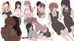 Rule 34 | 2girls, black dress, black hair, black pantyhose, black shorts, black socks, blush, bow, bowtie, brown shirt, closed eyes, closed mouth, collared shirt, commentary request, dress, grey shorts, hand on another&#039;s face, highres, holding hands, hug, kneehighs, koito yuu, lie lack1080, long hair, long sleeves, looking at another, multiple girls, nanami touko, open mouth, orange hair, pantyhose, pinafore dress, pink shirt, red bow, red bowtie, sailor collar, school uniform, shirt, short twintails, shorts, simple background, sitting, sleeveless, sleeveless dress, smile, socks, straddling, twintails, white background, white sailor collar, white shirt, white socks, yagate kimi ni naru, yellow bow, yellow bowtie, yuri
