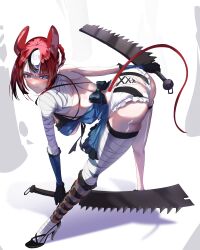 1girl absurdres alternate_costume animal_ears ass backless_outfit bandaged_arm bandaged_leg bandaged_neck bandages bent_over black_hair blue_eyes blue_negligee blush bow braid breasts cosplay cross-laced_clothes cross-laced_panties hakos_baelz hanging_breasts highres hololive hololive_english jagged_sword kaine_(nier) kaine_(nier)_(cosplay) koizumi_arata large_breasts lingerie mouse_ears mouse_girl mouse_tail multicolored_hair negligee nier nier_(series) panties red_hair shiny_skin short_hair simple_background single_bare_shoulder solo streaked_hair tail underwear virtual_youtuber white_hair