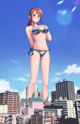 Rule 34 | 1girl, absurdres, arm behind back, bikini, blue sky, breasts, brown eyes, brown hair, building, city, closed mouth, cloud, commission, giant, giantess, highres, idolmaster, idolmaster cinderella girls, kanagawa, large breasts, long hair, looking at viewer, low ponytail, midriff, mifune miyu, navel, numaguro (tomokun0808), outdoors, photo background, ponytail, print bikini, real world location, skeb commission, sky, smile, solo, standing, stomach, swimsuit, white bikini, yokohama