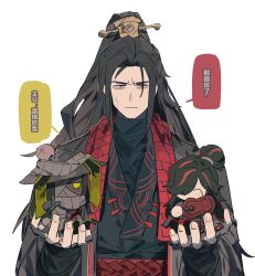 1boy 2girls bandage_over_one_eye bandaged_head bandages black_gloves black_hair black_hanfu black_hat black_shoes black_undershirt blood blood_on_clothes chibi chinese_clothes chinese_commentary closed_eyes closed_mouth dark_skin facial_scar fake_tail furrowed_brow gloves grey_eyes grey_scarf hair_bun hand_fan hanfu hat high_ponytail highres holding holding_chibi holding_fan injury itokenaikei jia_qiu_(project_moon) limbus_company long_hair long_sleeves looking_at_viewer multicolored_hair multiple_girls pointing pointing_at_viewer ponytail project_moon rabbit_tail red_sash red_streaks sash scar scar_on_cheek scar_on_face scarf shoes simple_background sitting speech_bubble streaked_hair tail upper_body white_background wide_sleeves xiao_guan_(headdress) yellow_eyes zigong_(project_moon) zilu_(project_moon)