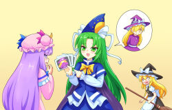 Rule 34 | 3girls, apron, black vest, blonde hair, blue capelet, blue hat, blush, bow, bowtie, broom, capelet, closed mouth, commentary request, crescent, crescent hat ornament, dress, embarrassed, green eyes, green hair, hair bow, hat, hat bow, hat ornament, holding, holding broom, kirisame marisa, kirisame marisa (pc-98), long hair, long sleeves, mima (touhou), mob cap, multiple girls, open mouth, patchouli knowledge, photo (object), pink capelet, pink dress, pink hat, pointing, purple dress, purple eyes, purple hair, purple hat, smile, touhou, touhou (pc-98), very long hair, vest, waist apron, white bow, witch hat, wizard hat, yellow background, yellow bow, yellow bowtie, yellow eyes, yoruniwa