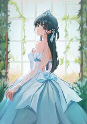 Rule 34 | 1girl, absurdres, bare back, bare shoulders, basori tiara, black hair, blue eyes, blush, breasts, closed mouth, commentary request, commission, detached sleeves, dress, from behind, highres, jewelry, lace-trimmed sleeves, lace trim, long hair, looking at viewer, looking back, make heroine ga oo sugiru!, median furrow, medium breasts, mole, mole on neck, pixiv commission, qingli ye, ring, smile, solo, strapless, strapless dress, tiara, wedding dress, wedding ring, white dress, white sleeves