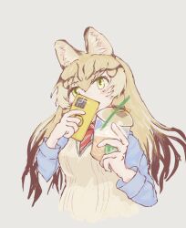 1girl animal_ears cardigan cat_ears cat_girl cellphone cup drinking_straw extra_ears geoffroy&#039;s_cat_(kemono_friends) grey_background grey_hair hibiwarenibosi highres holding holding_cup kemono_friends kemono_friends_v_project long_hair necktie phone ribbon shirt simple_background smartphone solo upper_body virtual_youtuber yellow_eyes