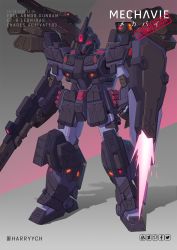 Rule 34 | arm blade, clenched hand, commentary, commission, energy blade, english commentary, fusion, gun, gundam, gundam 08th ms team, gundam ez8, gundam side story: missing link, harryych, highres, holding, holding gun, holding weapon, mecha, mobile suit, no humans, pale rider (mobile suit), red eyes, robot, science fiction, shield, shoulder cannon, solo, standing, weapon