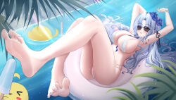1girl absurdres aichinaigai alsace_(azur_lane) alsace_(heat_beating_summer_sacrament)_(azur_lane) armpits arms_up ass aviator_sunglasses azur_lane barefoot between_breasts bikini blue_eyes blue_hair blush breasts cleavage detached_collar flower hair_flower hair_ornament hair_spread_out highres legs long_hair looking_at_viewer manjuu_(azur_lane) nail_polish navel official_alternate_costume soles stomach sunglasses swimsuit toes very_long_hair white_bikini