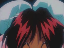 1990s_(style) 1girl animated animated_gif bouncing_breasts breasts brooch brown_hair burn-up burn-up_w cleavage cleavage_cutout closed_eyes clothing_cutout dark-skinned_female dark_skin female_focus jewelry large_breasts lowres nanvel_candlestick no_bra qvga retro_artstyle ribbon smile solo