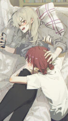 2girls absurdres anger_vein black_pants brown_hair cellphone commentary english_commentary girls_band_cry grey_eyes grey_hair grey_shirt highres holding holding_phone hug iseri_nina kawaragi_momoka long_hair low_twintails lying multicolored_hair multiple_girls open_mouth pants phone roots_(hair) shirt short_hair short_twintails smartphone twintails white_shirt ydpfa yuri